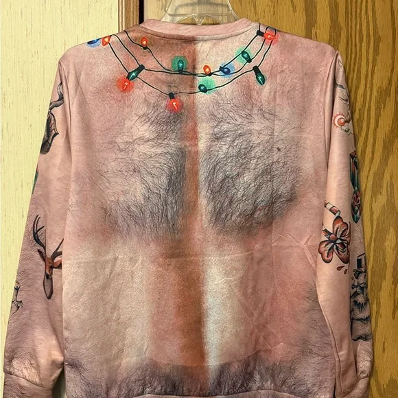 Christmas Hairy Man Chest Shirt Ornaments Tattoos - Picture 2 of 3